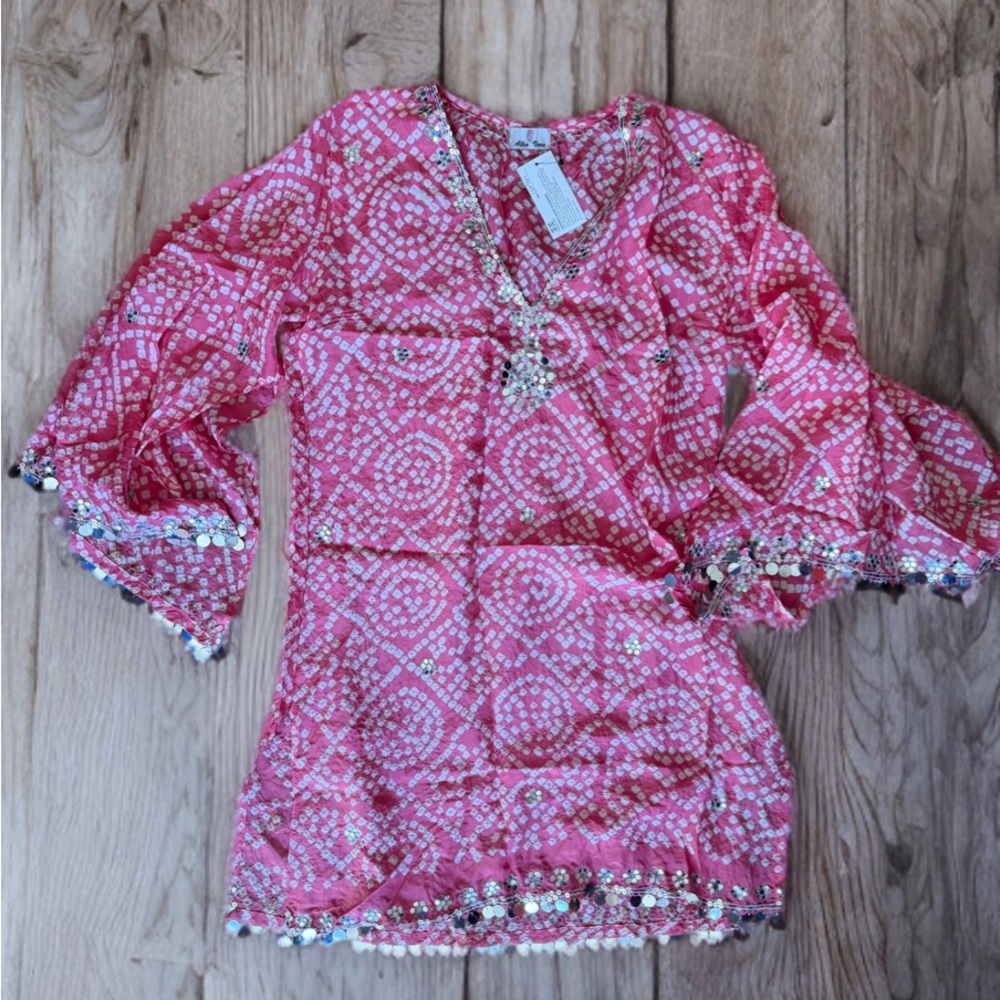 Alka Vora Embellished Pink and White V-Neck Tunic with Mirror Detail